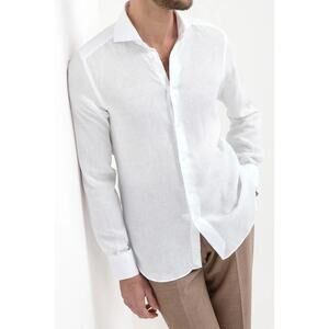 Moreschi Men’s Long Sleeve White Shirt 100% Linen Made in Italy Size 17.5/EU 44
